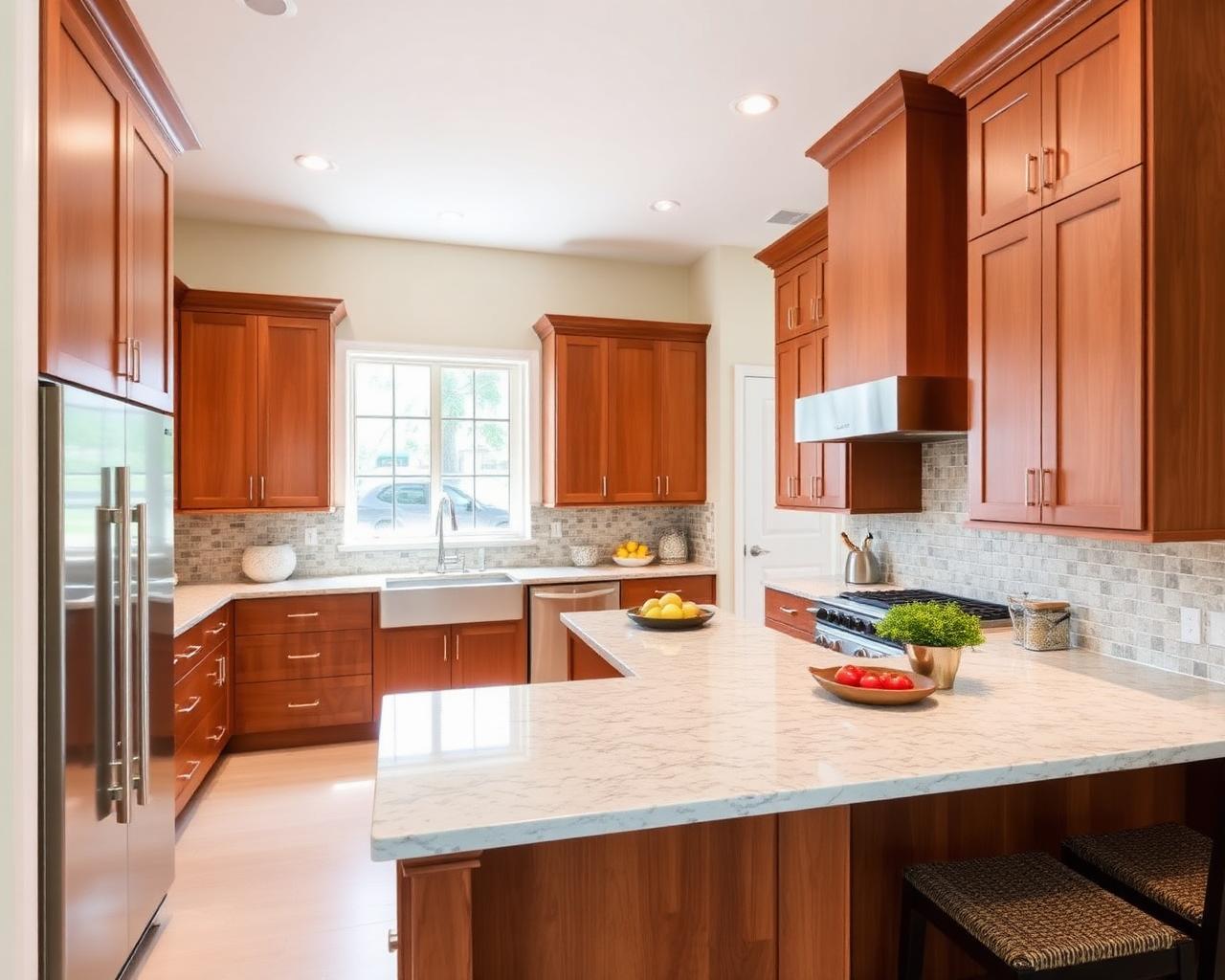 Warm wood kitchen cabinets in Florida home