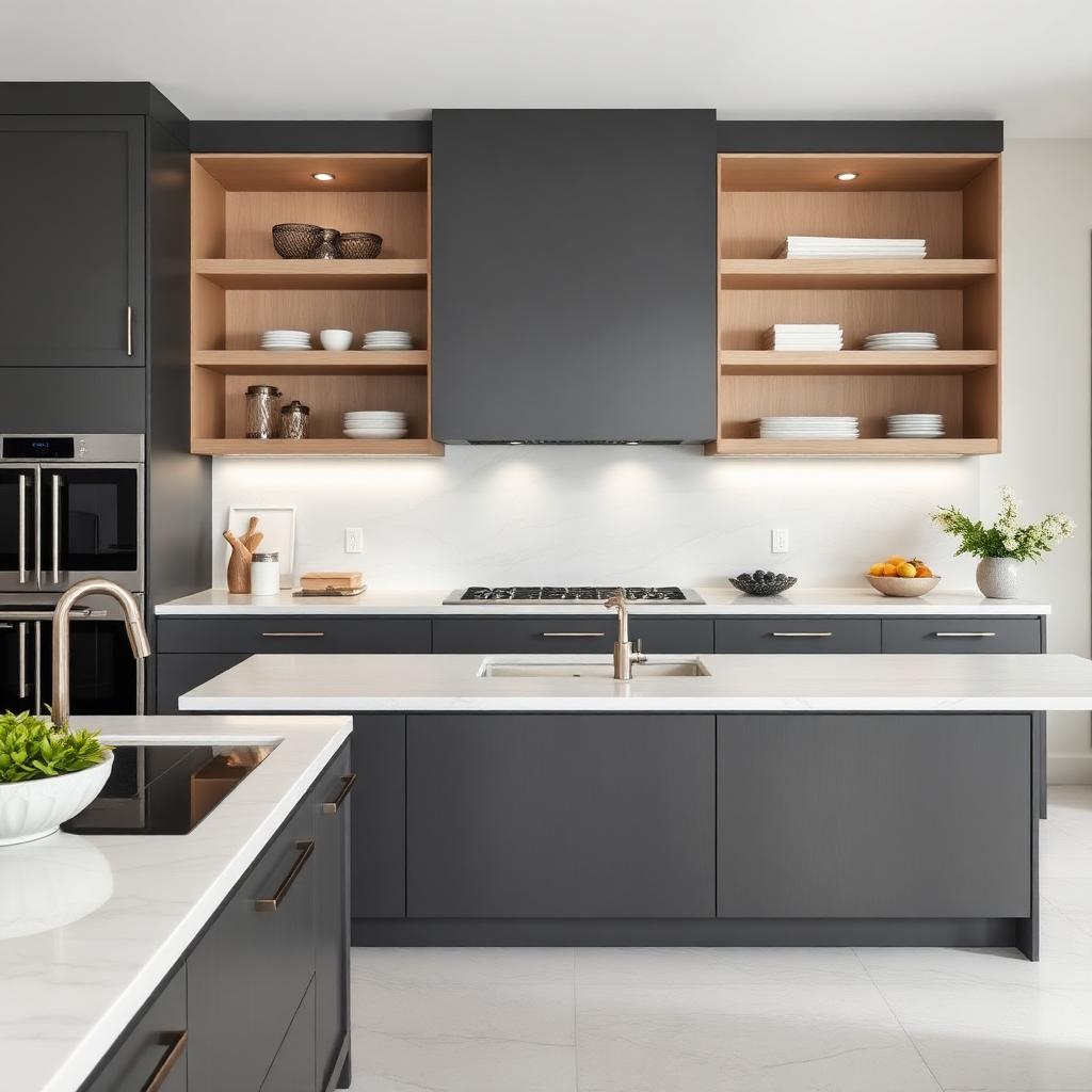 Modern charcoal kitchen with white oak shelving